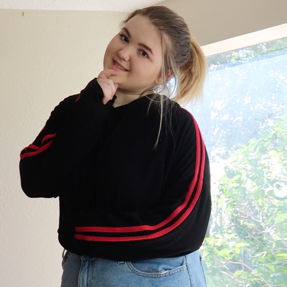 Black Thin Hoodie With Two Red Stripes